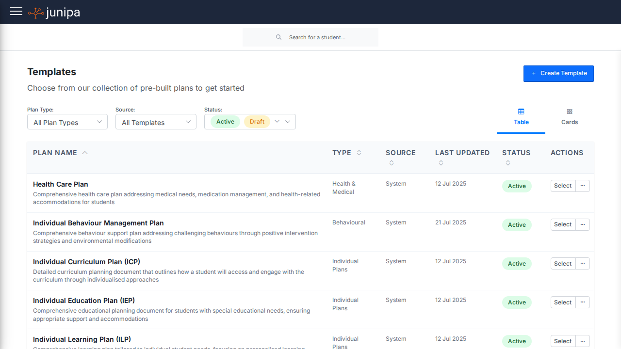 Plan Templates - Pre-built plans including Health Care, IEP, Behaviour Management and more