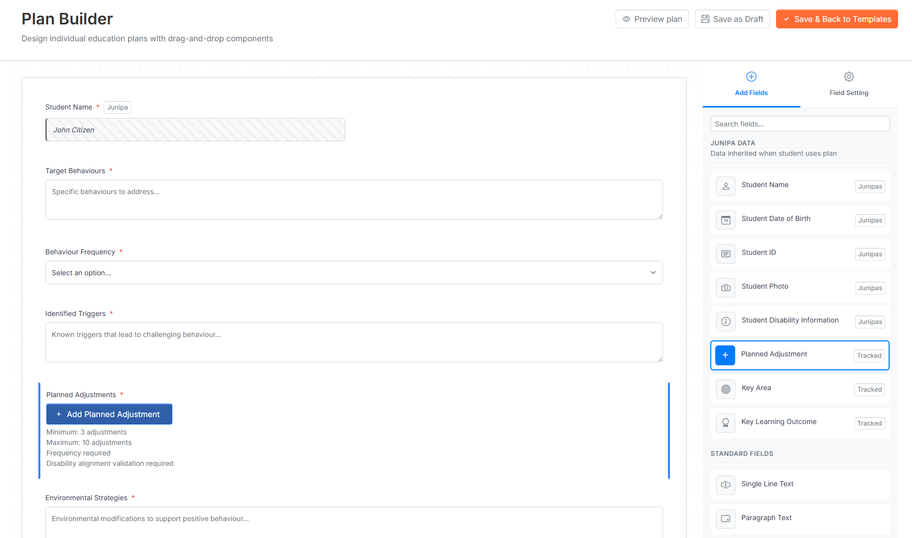 Schedule and Validate Adjustments - Plan Builder interface for creating individual education plans